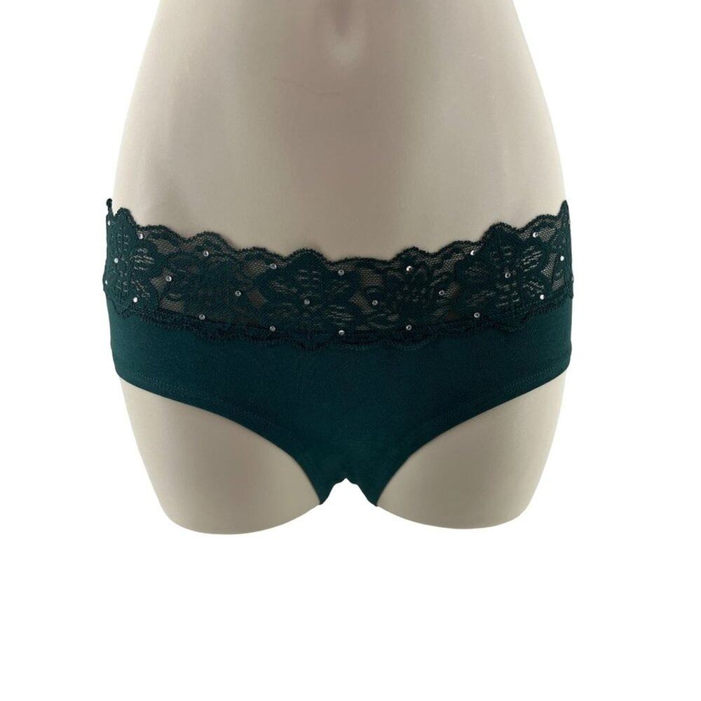 Victoria's Secret PINK  Deep Green Hipster Lace Trim Rhinestone Accent Small